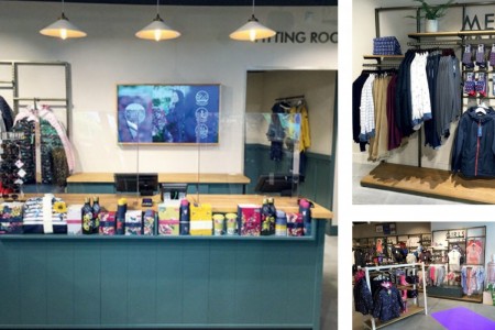Joules, Longford, Ireland - interior featuring mannequins, grey tiled floor, wooden clothing displays