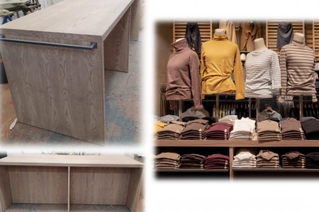 Muji, Lyon, France - bespoke display unit both empty and filled with clothing