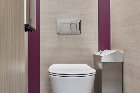 Princesshay Shopping Centre public toilets, Exeter - toilet close up with light wooden walls and chrome fixtures