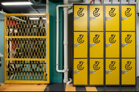 Prudential Buildings, Bristol - yellow fencing and yellow lockers