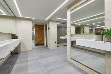 Princesshay Shopping Centre public toilets, Exeter - large mirror, plants, beige tiling and grey tile floor