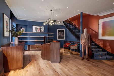 3 Floors, Savile Row, London, Shopfront, Bespoke, Signage, Window Displays, Mannequins, Bespoke Joinery, Interior Design, Wall Finishes, Lighting, Balustrade Detail, Bar