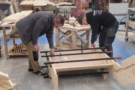 Using traditional joinery methods, here is Steve Gilbank a long serving Joiner of over 30 years showing our 2nd Year Apprentice Jamie how to construct and make a double staircase with kite winders. All constructed in engineered pine.