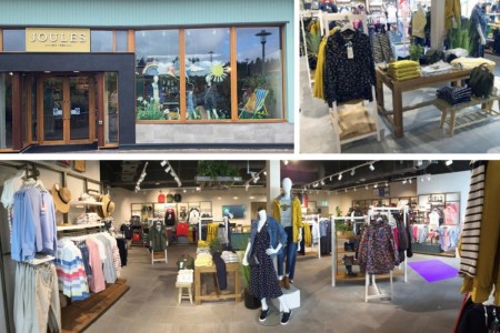 Joules, Longford, Ireland - interior featuring mannequins, grey tiled floor, wooden clothing displays