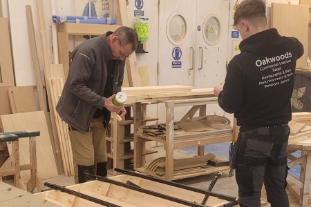Using traditional joinery methods, here is Steve Gilbank a long serving Joiner of over 30 years showing our 2nd Year Apprentice Jamie how to construct and make a double staircase with kite winders. All constructed in engineered pine.