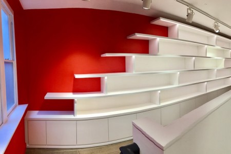 Le Creuset, St Albans - modern white shelving design