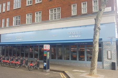 Megan's, Kensington - further away shot of the exterior, with blue and white branding