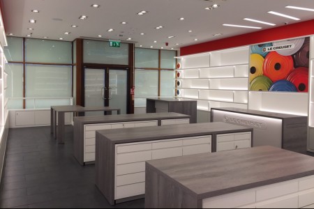 Le Creuset, Cheshire Oaks - grey hardwood bespoke cabinets
