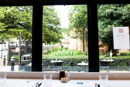 view from restaurant overlooking green space