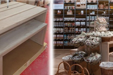 Muji, Lyon, France - bespoke display cabinet shown empty and then filled with food produce